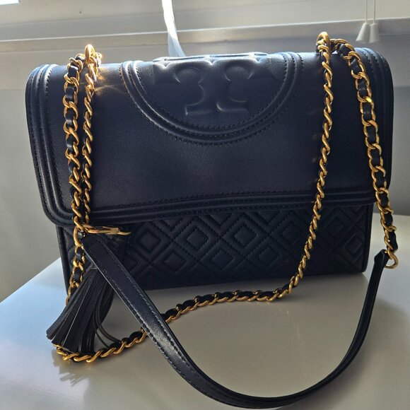 Tory Burch Navy Blue Fleming Convertible Shoulder Bag with Gold Chain - Picture 1 of 15